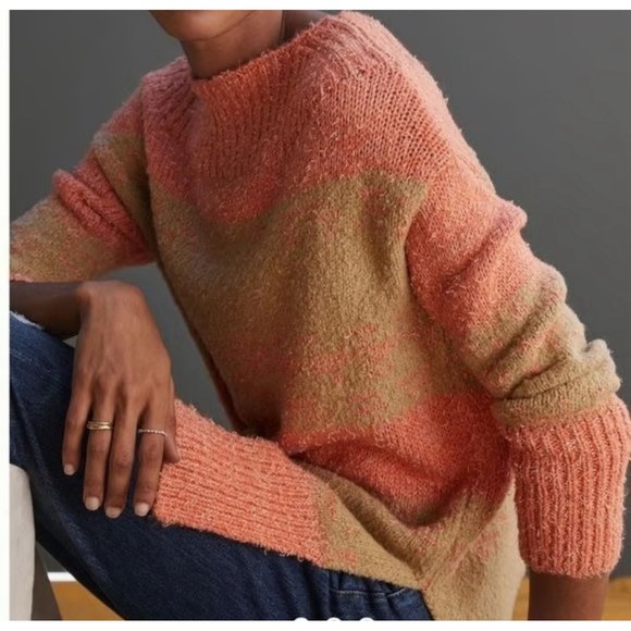 Anthropologie Pilcro Soft Fuzzy Striped Rugby Tunic Sweater M Pullover Tan Coral - Picture 1 of 5